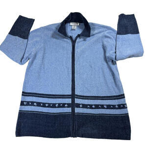 Vintage Venezia Knit Cardigan Sweater Womens L Zip Up Blue Retro Cozy Look 90s